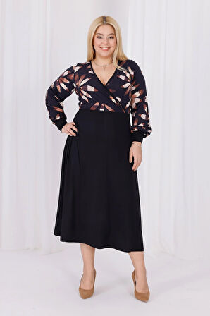 Kadın Siyah Kahve Floral Desen Bloklu Kruvaze Yaka Balon Kol Büyük Beden Esnek Maxi Elbise