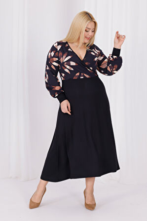 Kadın Siyah Kahve Floral Desen Bloklu Kruvaze Yaka Balon Kol Büyük Beden Esnek Maxi Elbise