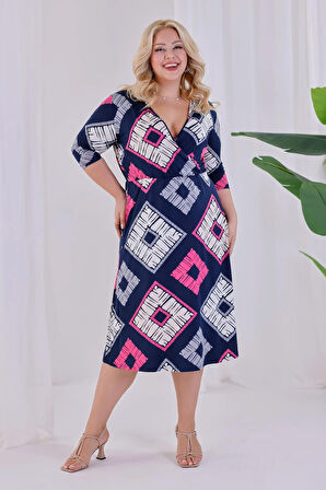 Kadın Lacivert Pembe Geometrik Desen Kruvaze Yaka Beli Lastikli Büyük Beden Elbise