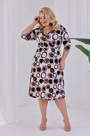 Kadın Bej Kahve Puantiye Desen Kruvaze Yaka Beli Lastikli Büyük Beden Elbise