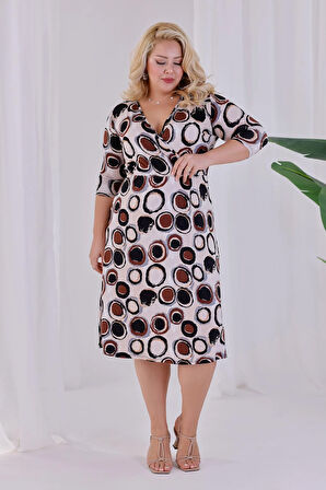 Kadın Bej Kahve Puantiye Desen Kruvaze Yaka Beli Lastikli Büyük Beden Elbise