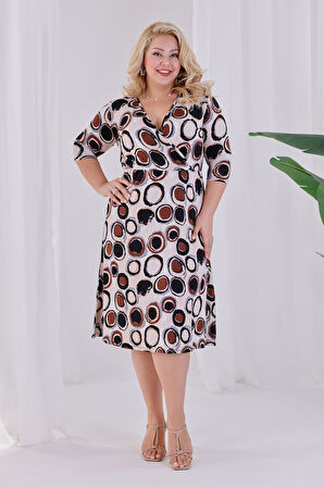 Kadın Bej Kahve Puantiye Desen Kruvaze Yaka Beli Lastikli Büyük Beden Elbise