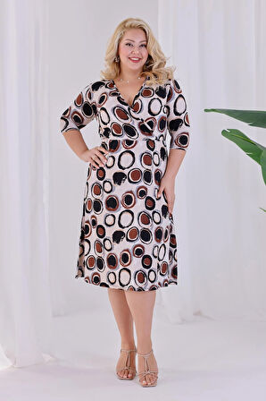 Kadın Bej Kahve Puantiye Desen Kruvaze Yaka Beli Lastikli Büyük Beden Elbise