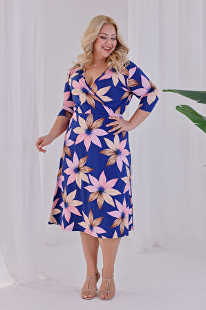 Kadın Lacivert Lotus Desen Kruvaze Yaka Beli Lastikli Büyük Beden Elbise