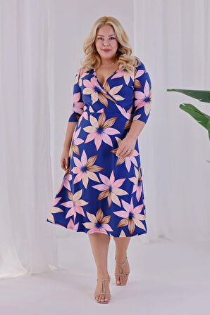 Kadın Lacivert Lotus Desen Kruvaze Yaka Beli Lastikli Büyük Beden Elbise