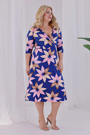 Kadın Lacivert Lotus Desen Kruvaze Yaka Beli Lastikli Büyük Beden Elbise