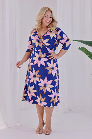 Kadın Lacivert Lotus Desen Kruvaze Yaka Beli Lastikli Büyük Beden Elbise