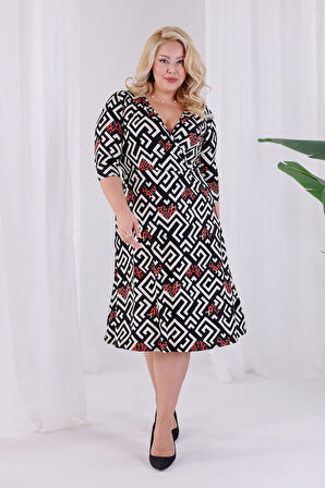 Kadın Siyah Beyaz Geometrik Desen Kruvaze Yaka Beli Lastikli Büyük Beden Elbise