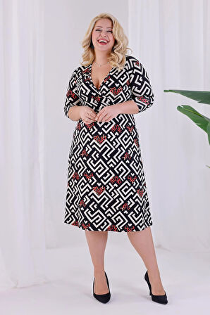 Kadın Siyah Beyaz Geometrik Desen Kruvaze Yaka Beli Lastikli Büyük Beden Elbise