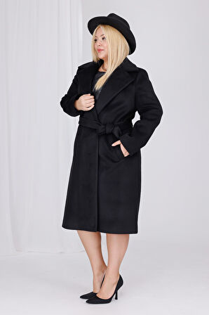 Kadın Siyah Yün Kaşe Kemer ve Astar Detay Büyük Beden Kaban