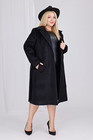 Kadın Siyah Yün Kaşe Kemer ve Astar Detay Büyük Beden Kaban