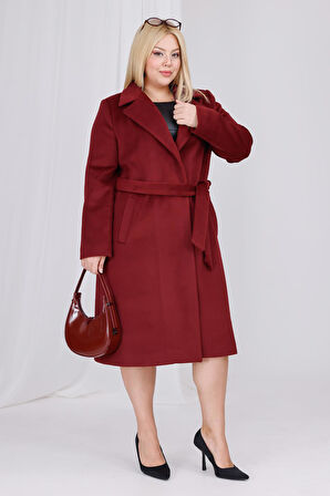 Kadın Bordo Yün Kaşe Kemer ve Astar Detay Büyük Beden Kaban