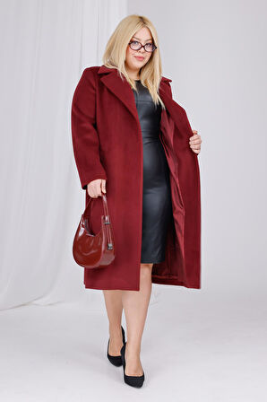 Kadın Bordo Yün Kaşe Kemer ve Astar Detay Büyük Beden Kaban