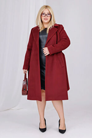 Kadın Bordo Yün Kaşe Kemer ve Astar Detay Büyük Beden Kaban