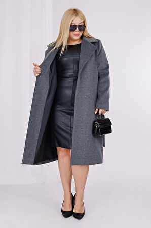 Kadın Gri Yün Kaşe Kemer ve Astar Detay Büyük Beden Kaban