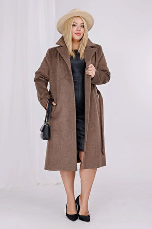 Kadın Kahve Melanj Yün Kaşe Kemer ve Astar Detay Büyük Beden Kaban