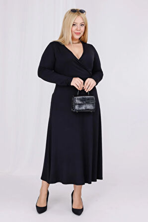 Kadın Siyah Kruvaze Yaka Büyük Beden Esnek Maxi Elbise