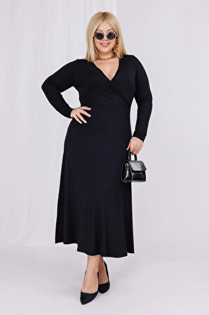 Kadın Siyah Kruvaze Yaka Büyük Beden Esnek Maxi Elbise