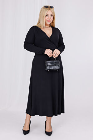 Kadın Siyah Kruvaze Yaka Büyük Beden Esnek Maxi Elbise
