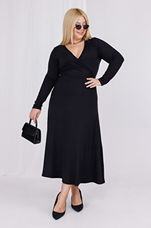 Kadın Siyah Kruvaze Yaka Büyük Beden Esnek Maxi Elbise