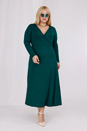Kadın Zümrüt Yeşil Kruvaze Yaka Büyük Beden Esnek Maxi Elbise