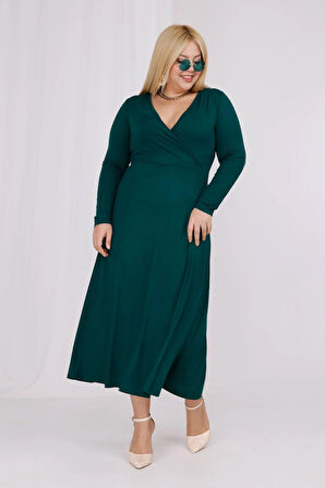 Kadın Zümrüt Yeşil Kruvaze Yaka Büyük Beden Esnek Maxi Elbise
