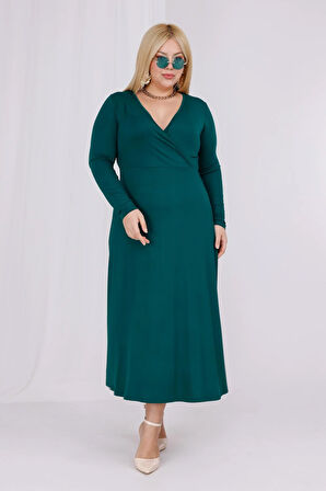 Kadın Zümrüt Yeşil Kruvaze Yaka Büyük Beden Esnek Maxi Elbise