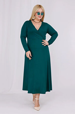 Kadın Zümrüt Yeşil Kruvaze Yaka Büyük Beden Esnek Maxi Elbise