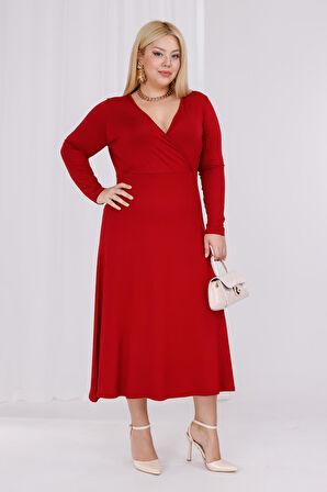 Kadın Bordo Kruvaze Yaka Büyük Beden Esnek Maxi Elbise