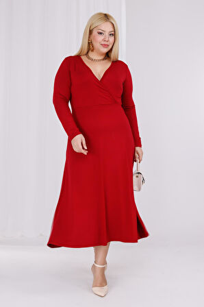 Kadın Bordo Kruvaze Yaka Büyük Beden Esnek Maxi Elbise