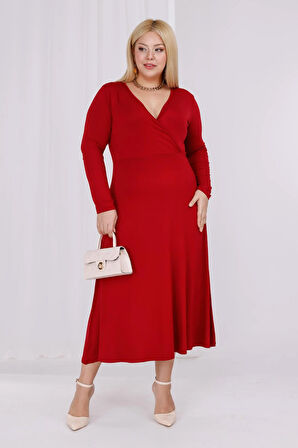 Kadın Bordo Kruvaze Yaka Büyük Beden Esnek Maxi Elbise