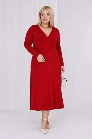 Kadın Bordo Kruvaze Yaka Büyük Beden Esnek Maxi Elbise