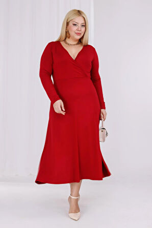 Kadın Bordo Kruvaze Yaka Büyük Beden Esnek Maxi Elbise