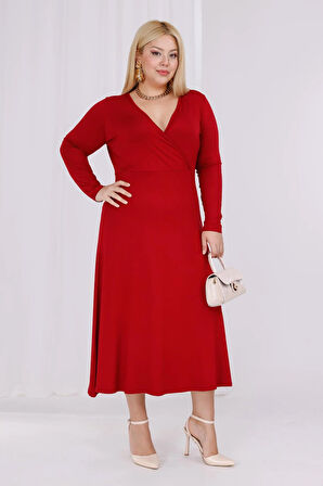 Kadın Bordo Kruvaze Yaka Büyük Beden Esnek Maxi Elbise