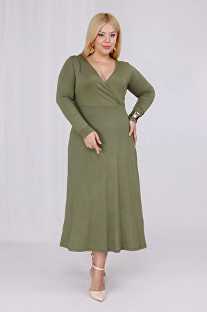 Kadın Haki Yeşil Kruvaze Yaka Büyük Beden Esnek Maxi Elbise