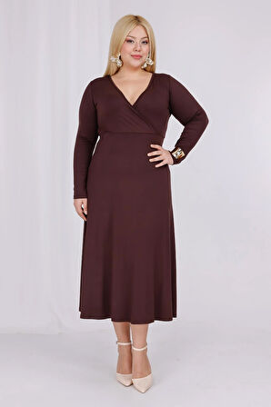 Kadın Kahve Kruvaze Yaka Büyük Beden Esnek Maxi Elbise