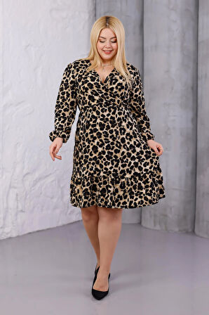 Kadın Kahve Leopar Desen Kruvaze Yaka Esnek Bel Büyük Beden Elbise