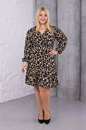 Kadın Kahve Leopar Desen Kruvaze Yaka Esnek Bel Büyük Beden Elbise