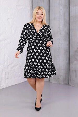 Kadın Siyah Kurdele Desen Kruvaze Yaka Esnek Bel Büyük Beden Elbise