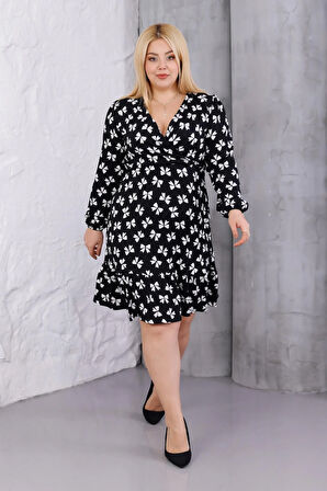 Kadın Siyah Kurdele Desen Kruvaze Yaka Esnek Bel Büyük Beden Elbise