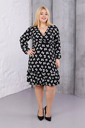 Kadın Siyah Kurdele Desen Kruvaze Yaka Esnek Bel Büyük Beden Elbise