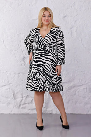 Kadın Siyah Beyaz Zebra Desen Kruvaze Yaka Esnek Bel Büyük Beden Elbise