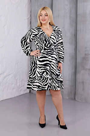 Kadın Siyah Beyaz Zebra Desen Kruvaze Yaka Esnek Bel Büyük Beden Elbise