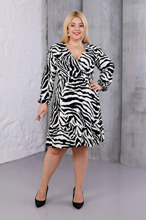 Kadın Siyah Beyaz Zebra Desen Kruvaze Yaka Esnek Bel Büyük Beden Elbise