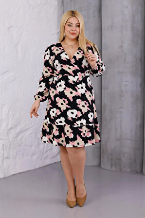 Kadın Siyah Pembe Çiçek Desen Kruvaze Yaka Esnek Bel Büyük Beden Elbise