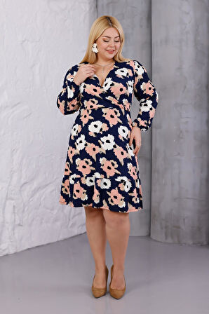 Kadın Lacivert Somon Çiçek Desen Kruvaze Yaka Esnek Bel Büyük Beden Elbise