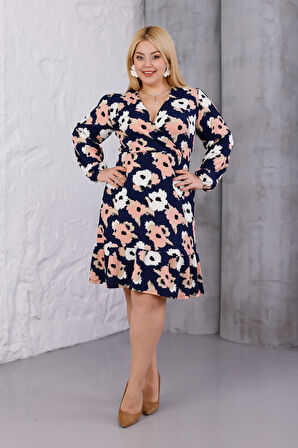 Kadın Lacivert Somon Çiçek Desen Kruvaze Yaka Esnek Bel Büyük Beden Elbise