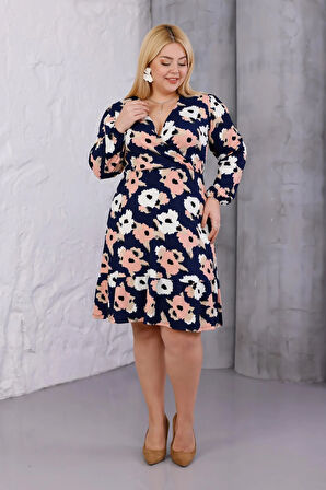 Kadın Lacivert Somon Çiçek Desen Kruvaze Yaka Esnek Bel Büyük Beden Elbise