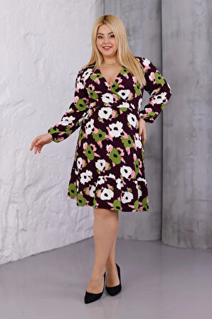 Kadın Mor Yeşil Çiçek Desen Kruvaze Yaka Esnek Bel Büyük Beden Elbise