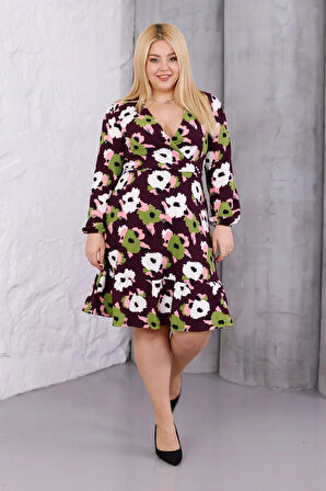 Kadın Mor Yeşil Çiçek Desen Kruvaze Yaka Esnek Bel Büyük Beden Elbise